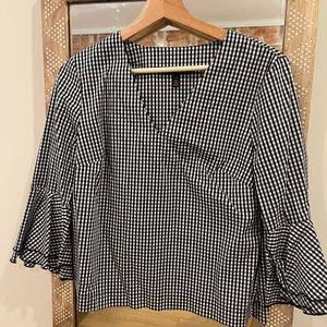 White House Black Market Check Blouse with Bell Sleeves